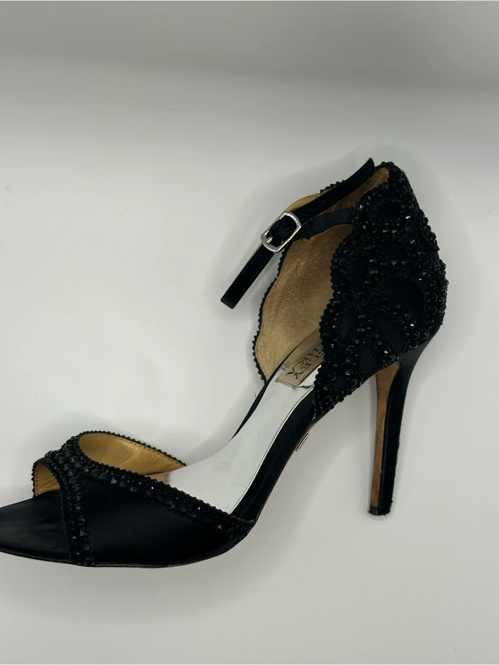 Badgley Mischka Black Beaded Open-Toe Ankle-Strap Heels